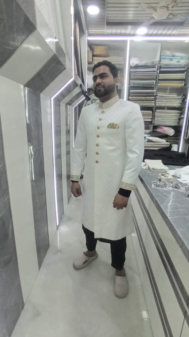 Ivory Wedding Sherwani with Embroidered Gold Zardozi Collar