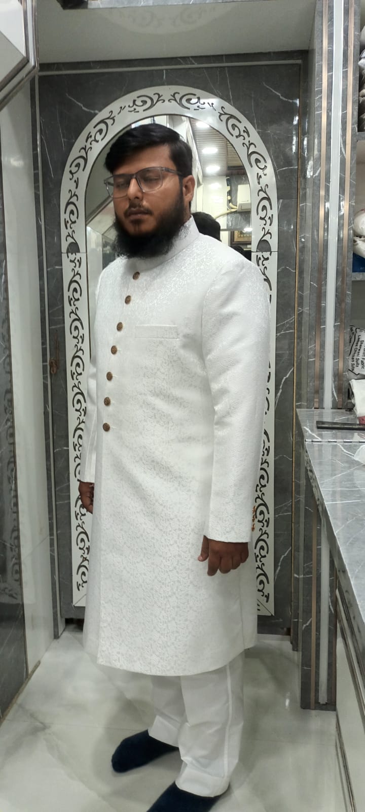 Royal White Jacquard Groom Sherwani with Churidar