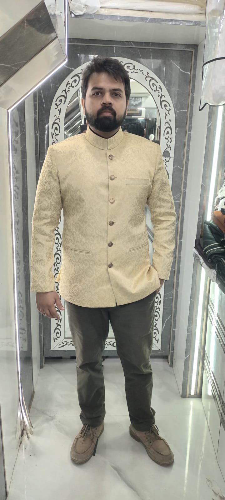 Gold Jacquard Indo-Western Bandhgala Prince Coat