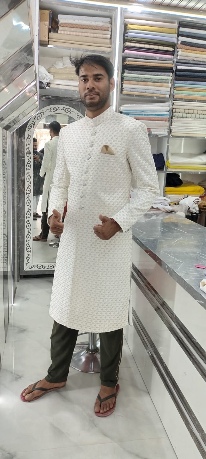 Groom Patron Fitting in Handcrafted Ivory Zardozi Sherwani