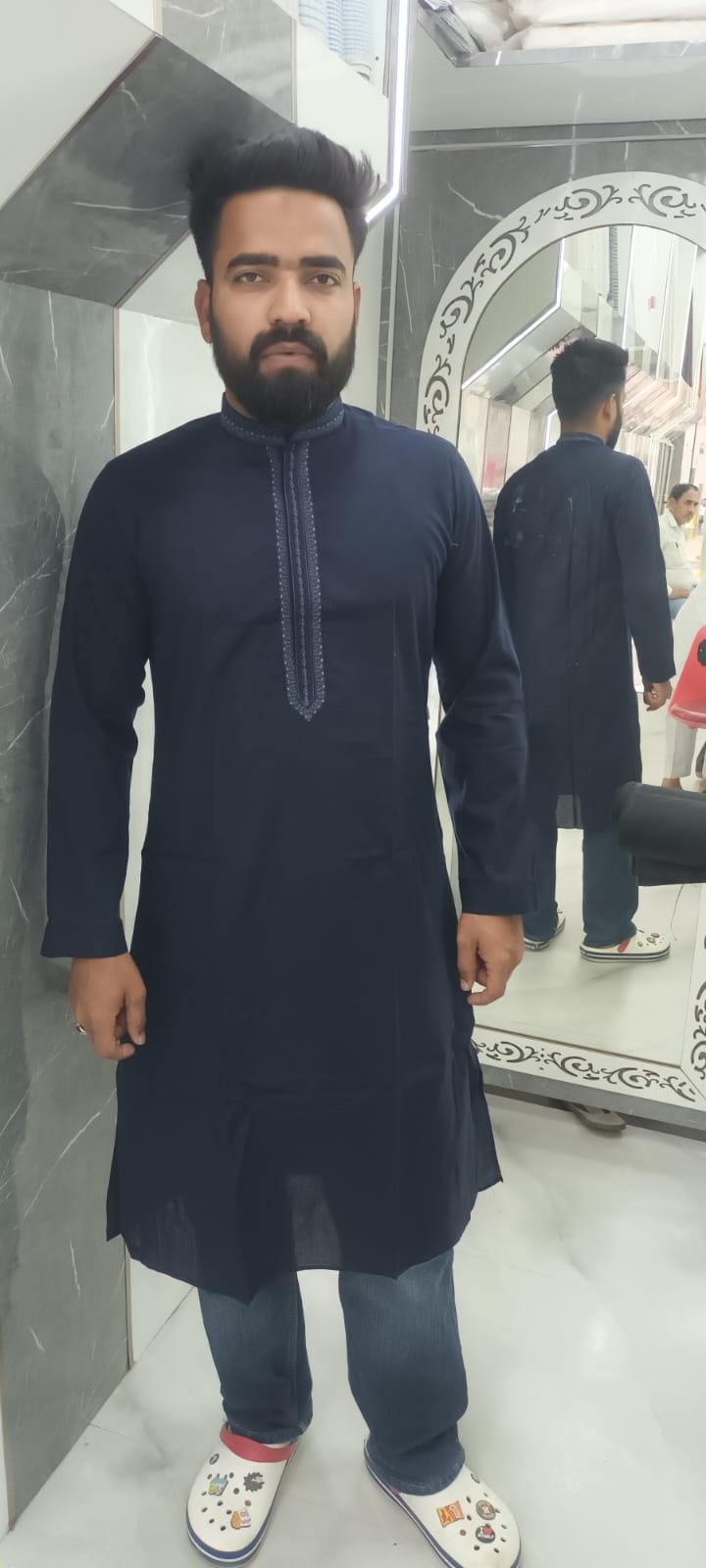 Hand-Tailored Navy Blue Kurta with Intricate Placket Embroidery