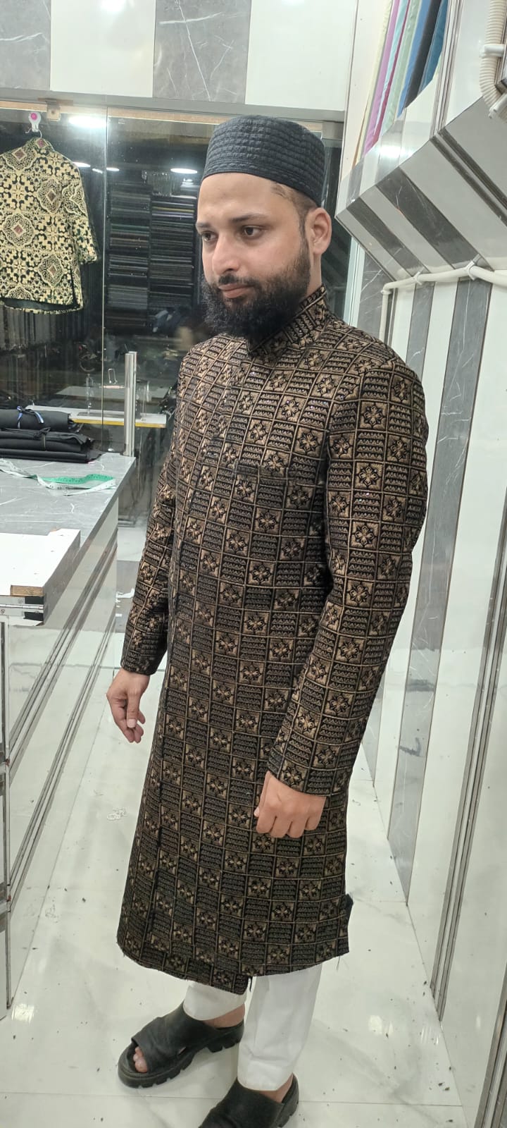 Gold and Black Geometric Brocade Royal Wedding Sherwani