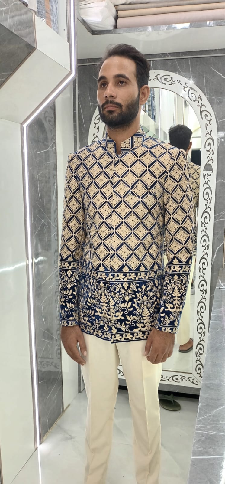 Royal Blue Velvet Indo-Western Prince Coat with Gold Embroidery