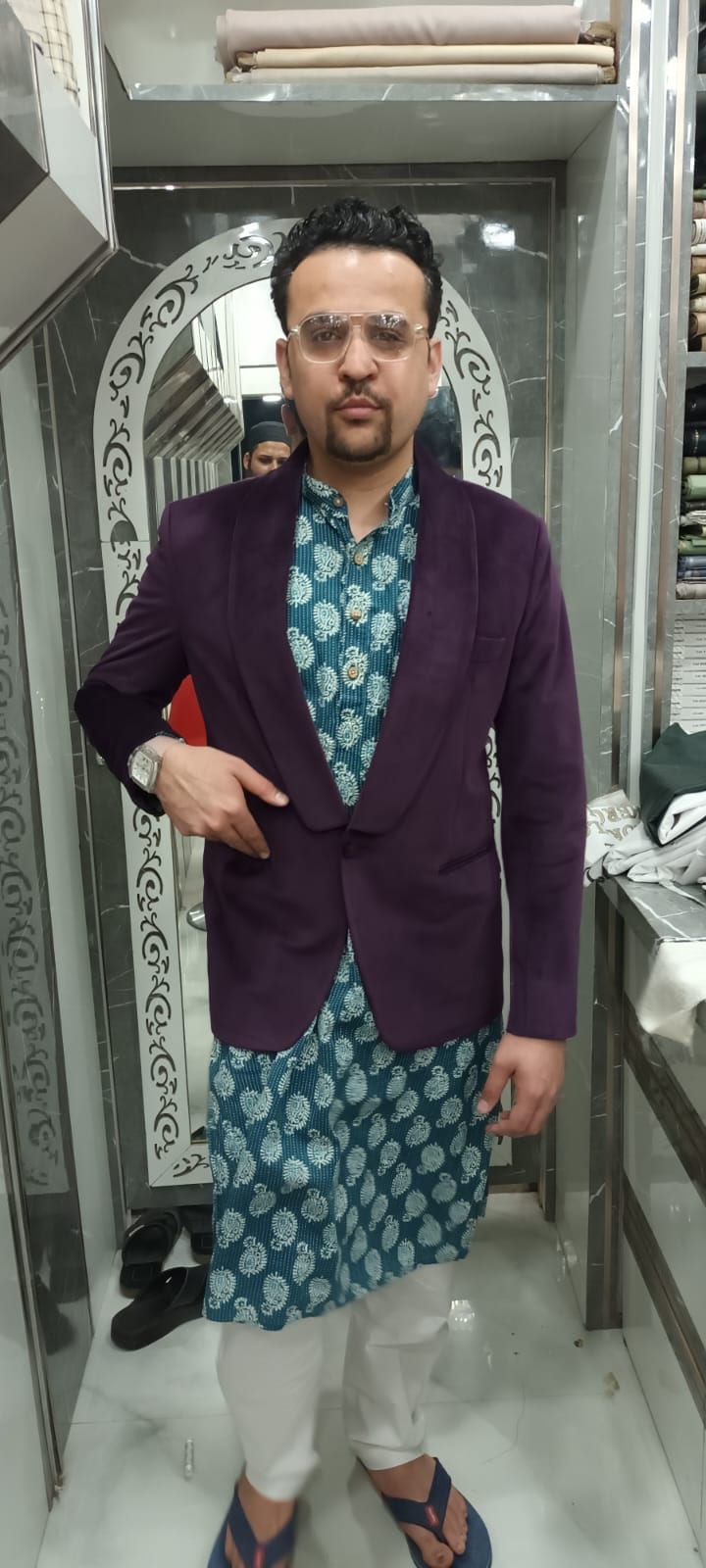 Purple Velvet Shawl-Lapel Dinner Jacket over Patterned Kurta