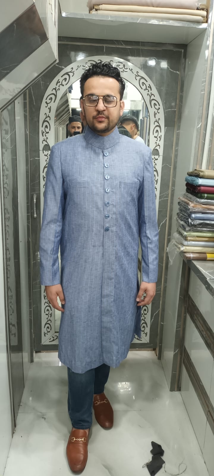 Light Blue Pinstriped Summer Linen Long Kurta Achkan