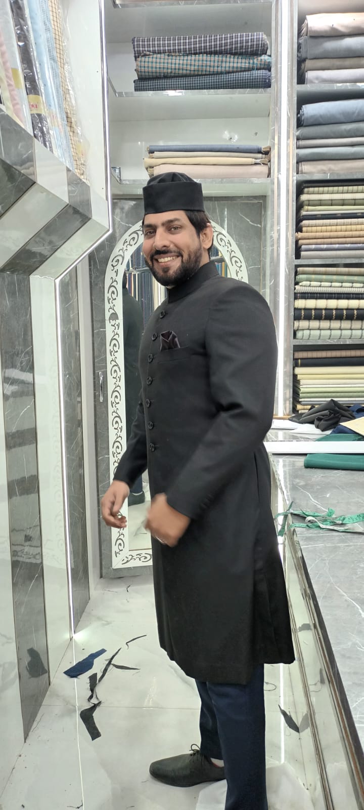 Formal Black Aligarh Achkan Sherwani with Traditional Aligarh Cap