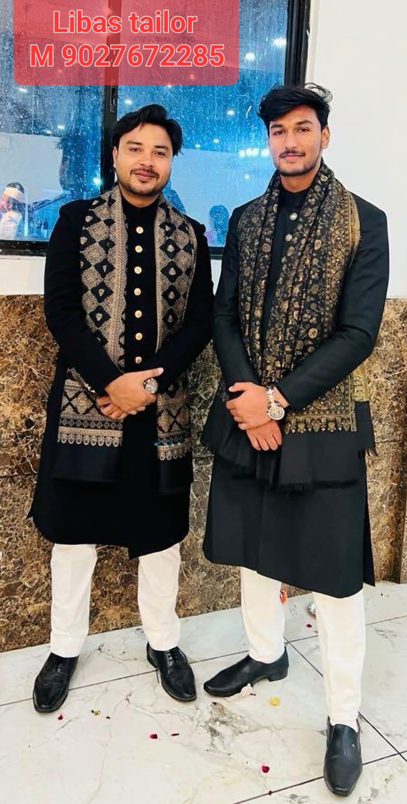 Twin Black Achkans with Zari Stoles for Wedding Celebration