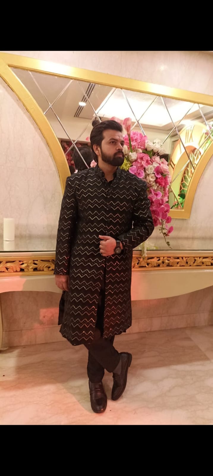 Patron Wearing Modern Chevron Sequin Embroidered Indo-Western Coat